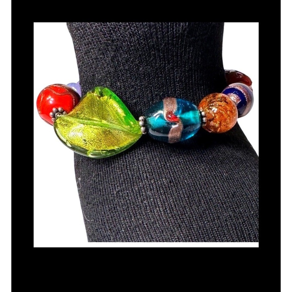 Artisan Lampwork Glass Bead Bracelet Multi Color Murano Style Leaf Toggle 7.75"